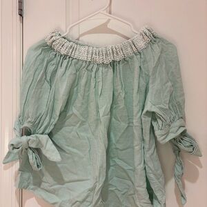 Green Smocked Tie Front Blouse with 3/4 Sleeves